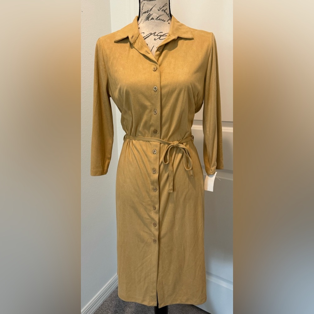 Vintage NWT Oboe Long Sleeve Notched Classic Collar Shirt Dress with String Tie